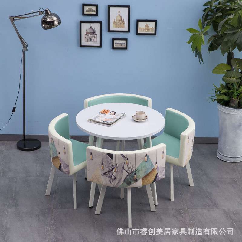 北欧奶茶店桌椅组合小户型花色餐桌皮艺沙发椅洽谈桌椅接待咖啡桌
