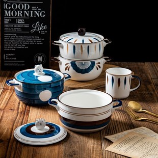 日式北欧创意陶瓷学生碗宿舍带盖双耳泡面碗单个家用碗大号米饭碗