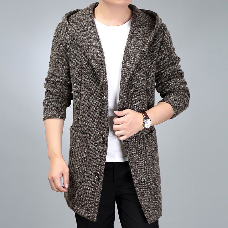 新款男装中长款连帽外套冬季保暖加厚开衫韩版修身针织衫加绒风衣