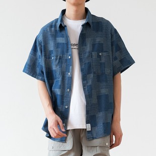 衬衫 日系复古民族风百家布蓝染格子短袖 男宽松衬衣 2021夏季 友町