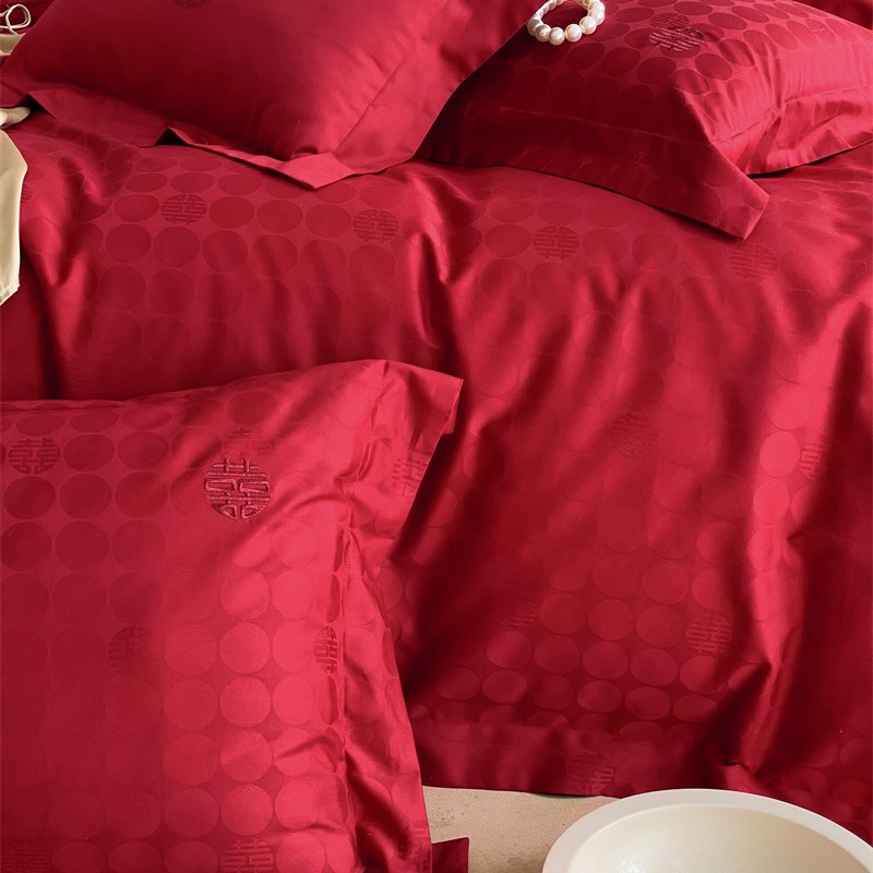 中国红100支澳棉提花婚庆四件套宽边全棉裸睡被套四季款结婚床品