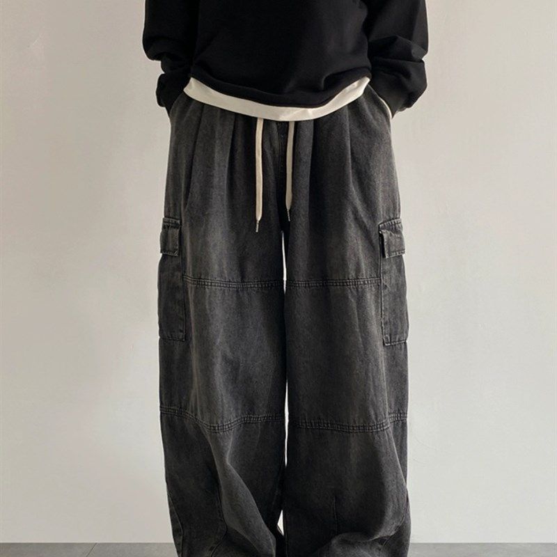 美式工装牛仔裤男士秋冬加厚做旧阔腿直筒裤子垂感潮牌宽松灯笼裤