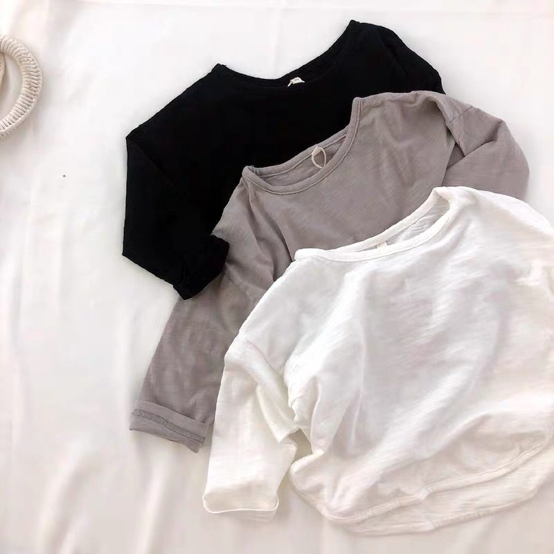 2021春装韩国童装男女儿童宽松纯色竹节棉套头打底衫百搭T恤 特惠