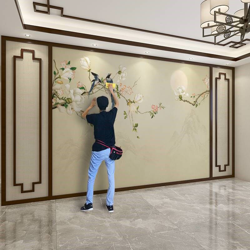 新中式花鸟壁布电视背景墙壁画客厅沙发影视墙纸墙布卧室壁纸2022,家装主材,定制壁画,淘宝优惠券,粉丝福利购,淘宝优惠卷