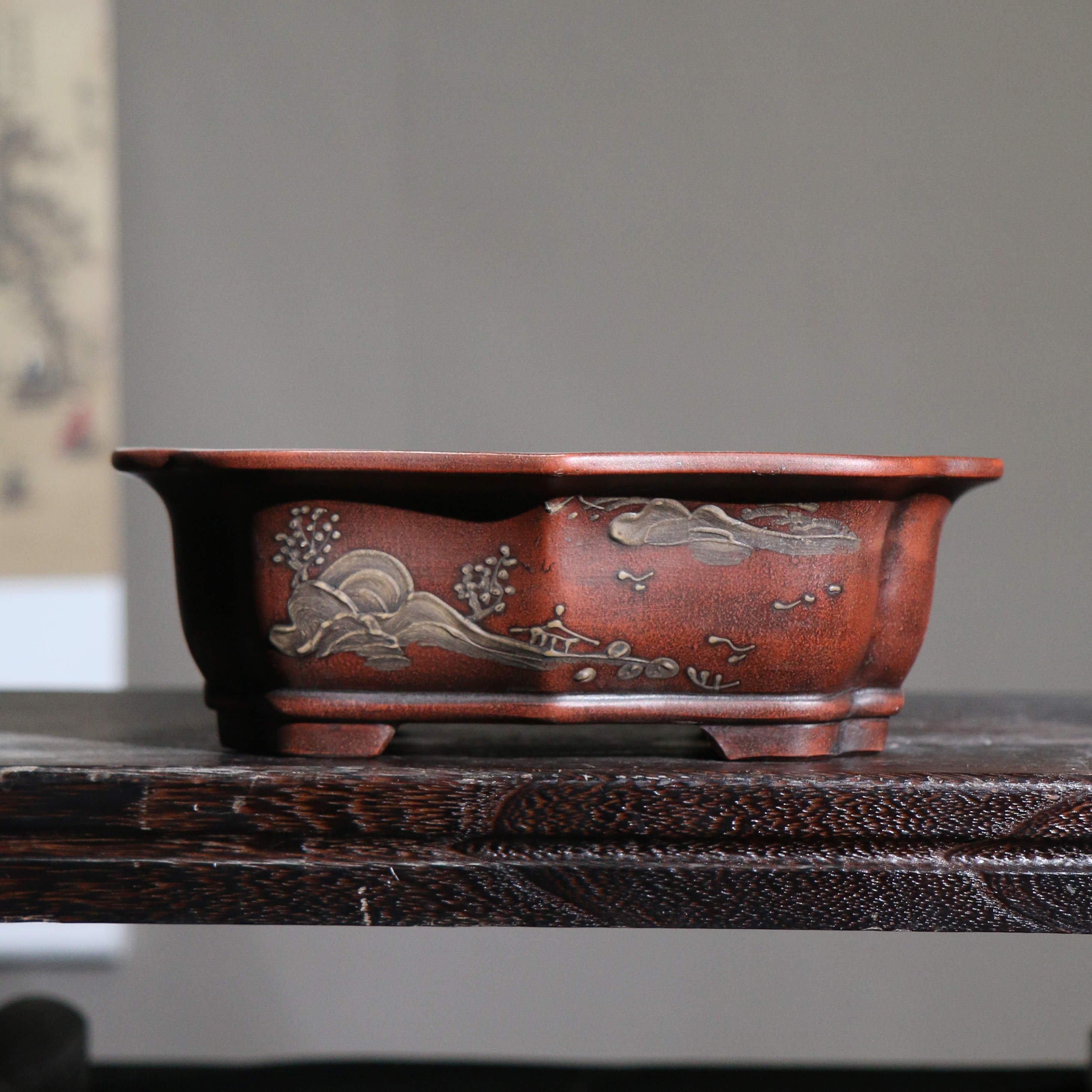 紫砂花盆民国风盆仿老盆仿古盆长方形马槽盆禅意做旧觅陶乡桌面