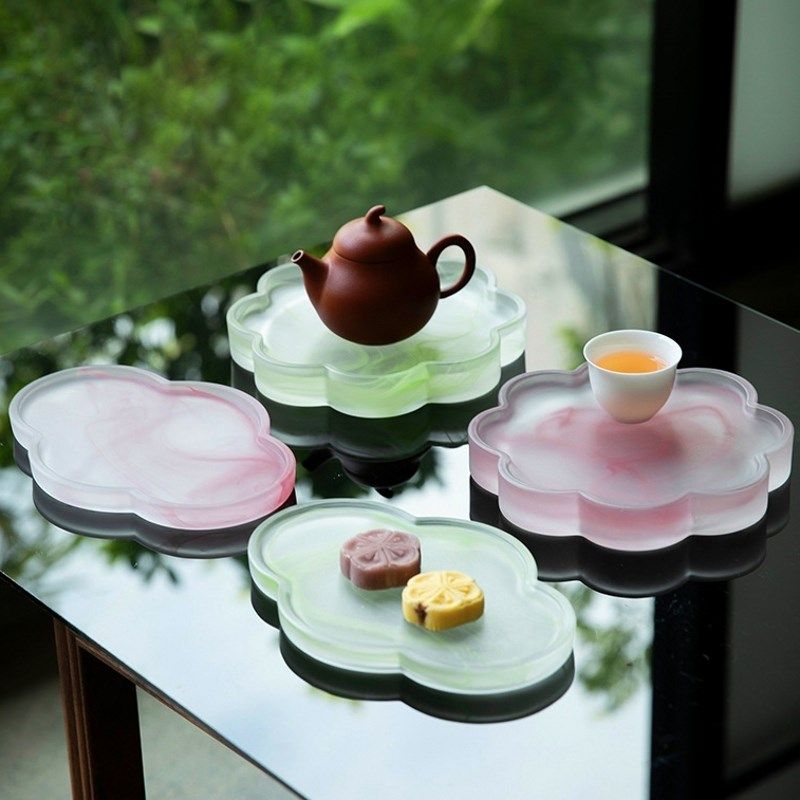 中式琉璃壶承磨砂玻璃海棠干泡台粉色水墨禅意托盘茶具配件小茶盘,餐饮具,茶盘,淘宝优惠券,粉丝福利购,淘宝优惠卷