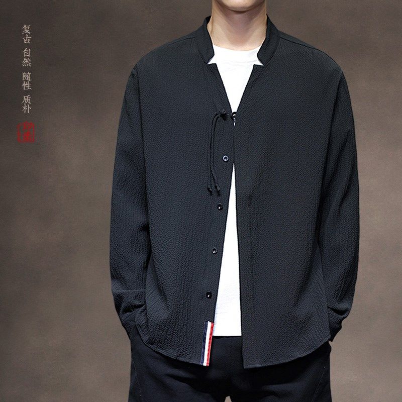 中国风男装春秋款复古风压褶衬衫男士长袖上衣中式汉服白色打底衫图片