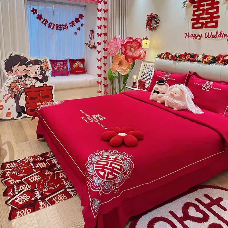 中式刺绣结婚四件套大红色新婚床单被套纯棉婚庆床上用品婚房喜被