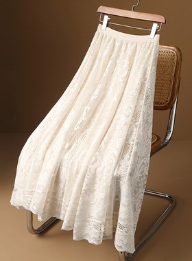 蕾丝半身裙女2025新款春夏中长款大摆a字伞裙高腰显瘦百褶裙