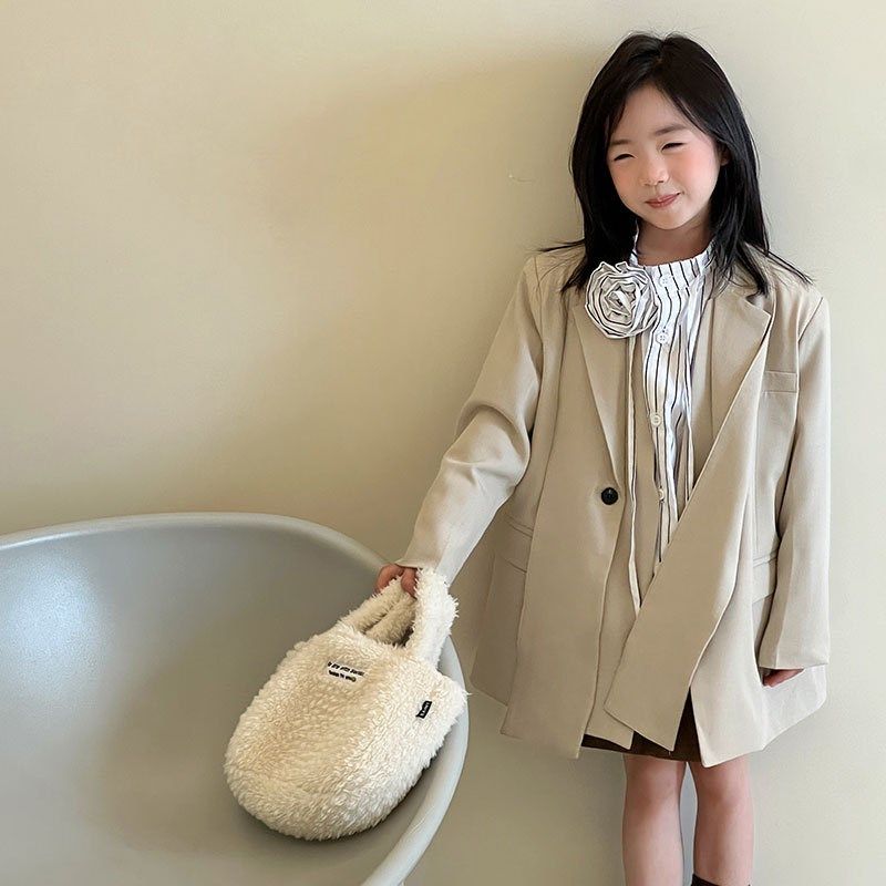 女童西服外套春秋儿童米色设计感不规则中长款西装女孩英伦风上衣