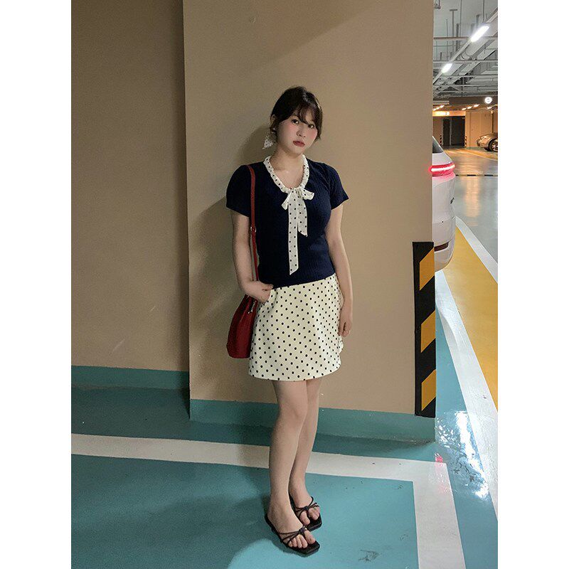 山山屿你【蔓野甜茶】微胖mm韩系杏色波点半身裙女夏大码显瘦短裙