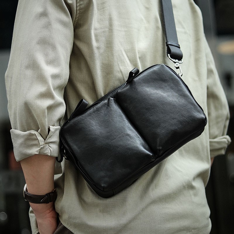 2024秋新款真皮男士单肩斜挎包通勤植鞣牛皮胸包多口袋运动背包潮