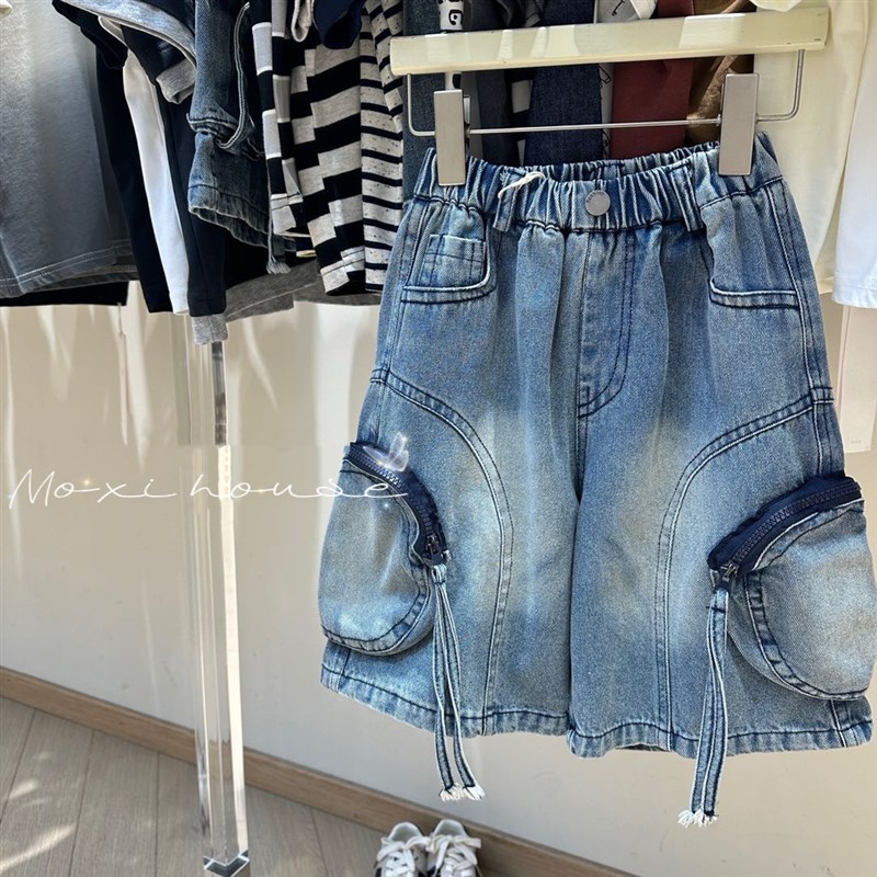 魔西童装夏季2025新款男童帅气拉链大口袋洋气牛仔七分裤个性中裤