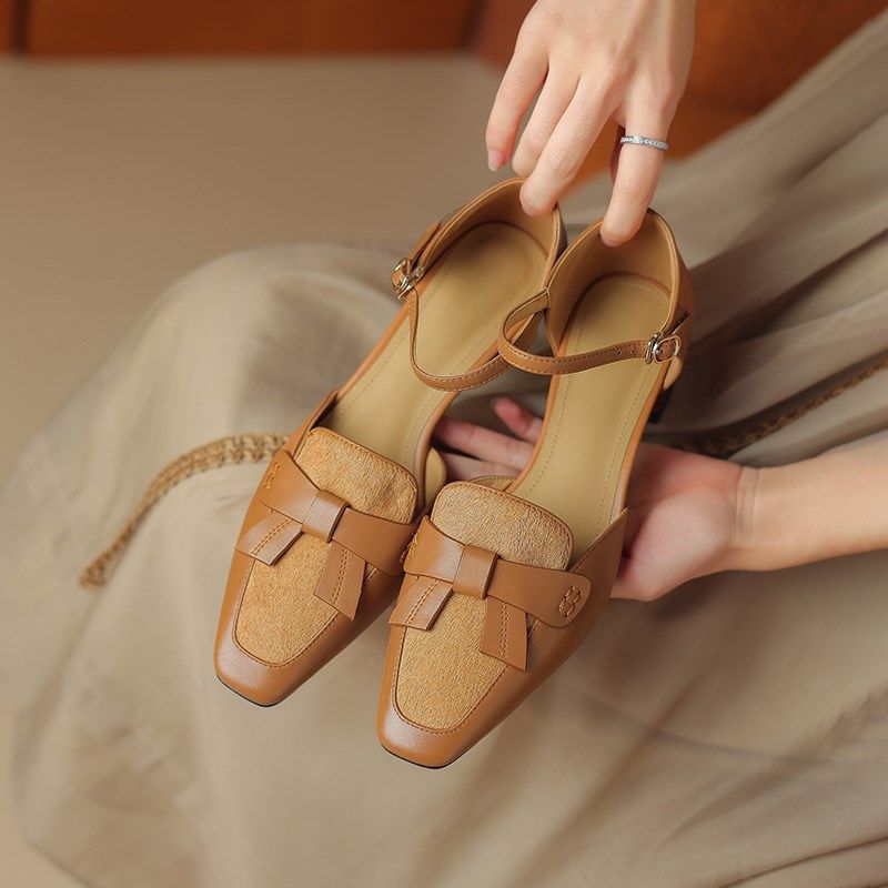 原野浅口一字带中空单鞋配裙子气质真皮凉鞋子女2025今年春夏新款