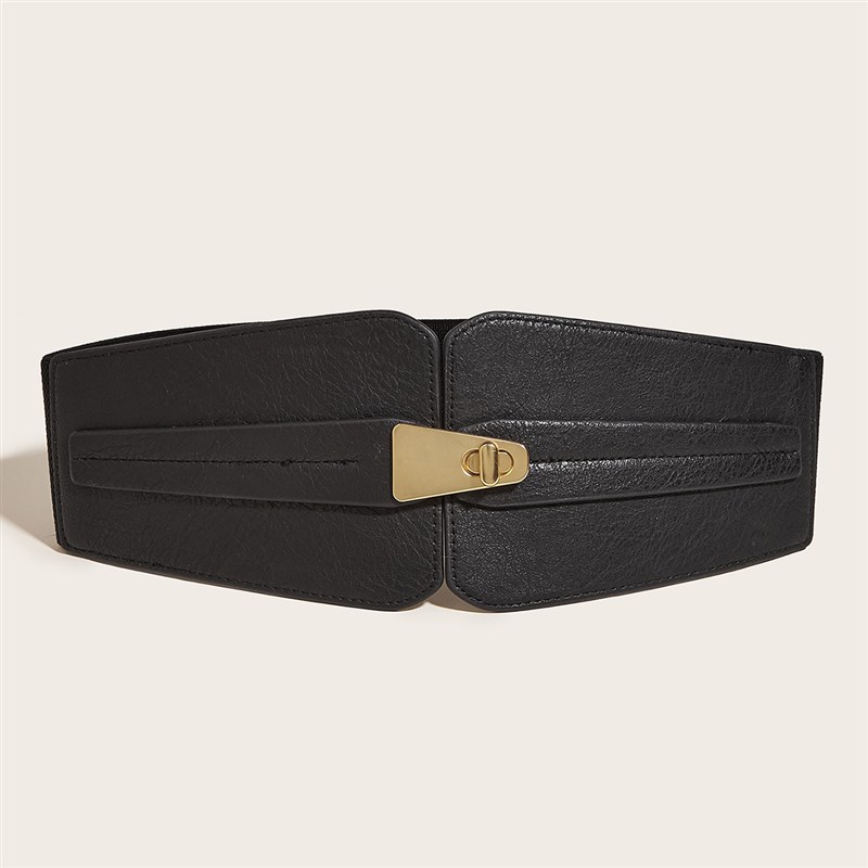 百搭配裙子束腰时尚外穿搭腰封女士皮质松紧装饰宽腰带简约复古黑