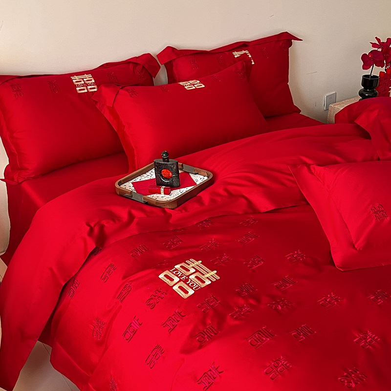 A类120支高端长绒棉婚庆四件套大红色纯棉喜被龙凤刺绣结婚房床品