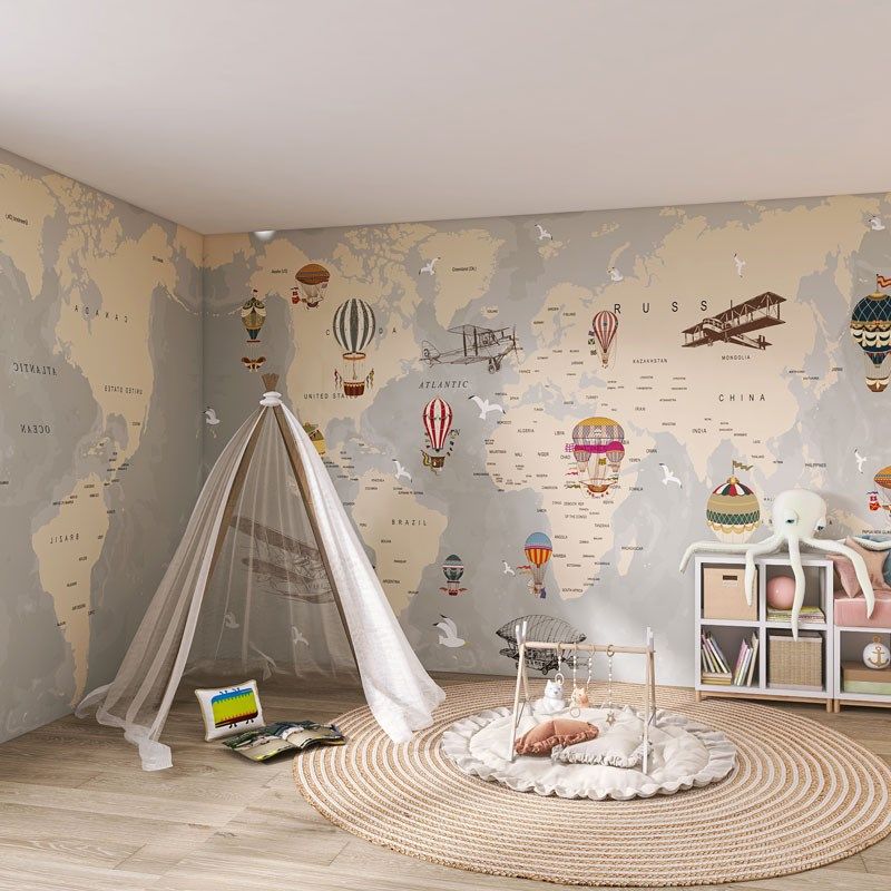 墙纸定制3d立体卡通地图儿童房背景墙壁纸男女孩卧室床头壁布壁画