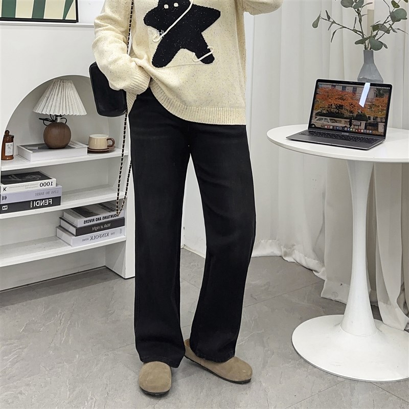 宛宛大码黑色窄版牛仔裤女秋冬胖mm宽松显瘦梨形身材阔腿直筒裤子