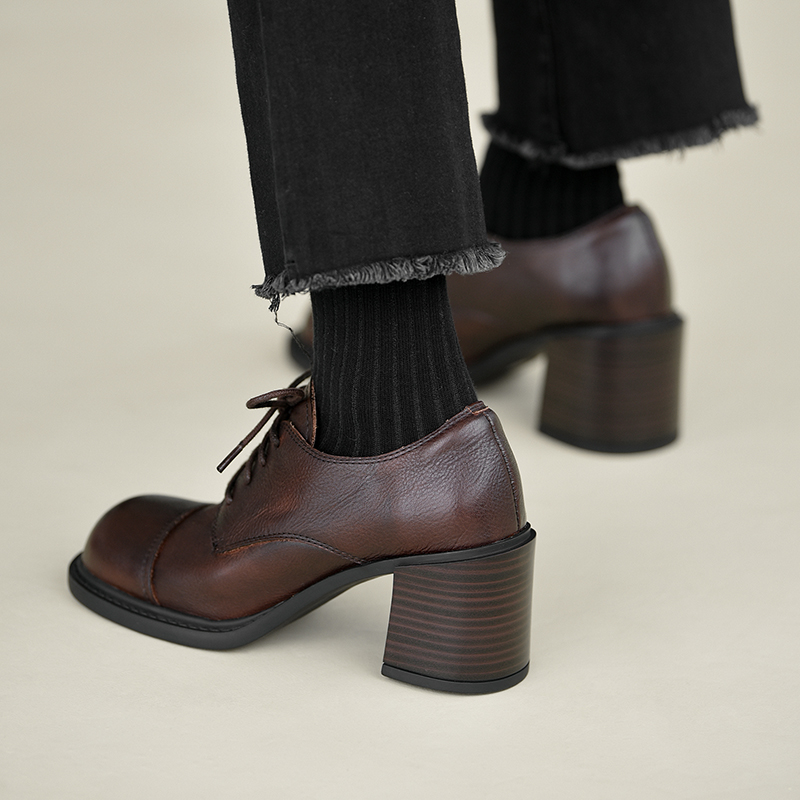 空欢喜2023新款复古深口高跟单鞋女真皮英伦风方头系带粗跟小皮鞋