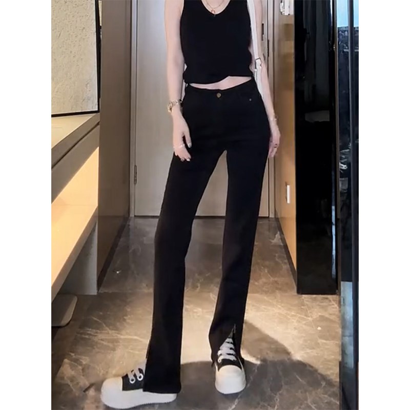 梨型身材裤子大码高腰弹力筷子裤女秋胖mm显瘦开叉拉链直筒牛仔裤