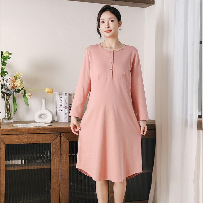 带胸垫睡裙女春秋纯棉孕妇哺乳睡衣月子服免文胸大码连衣裙可外穿