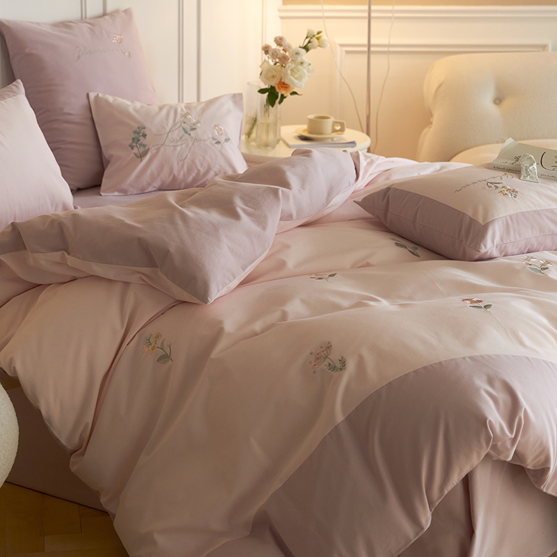 小清新秋冬100支全棉磨毛四件套少女心花卉刺绣被套加厚床上用品