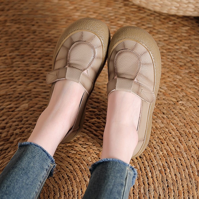 头层牛皮复古民族风女鞋防滑透气中年妈妈鞋厚底懒人鞋真皮小皮鞋