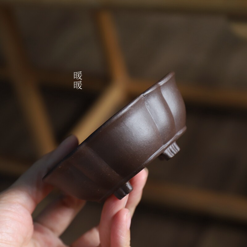 素面海棠原矿紫泥 宜兴手工精品小花盆 微型盆景盆 长青出品