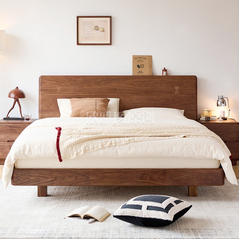 北美黑胡桃木床北欧小户型1.5米实木床主卧1.8米实木双人床悬浮床