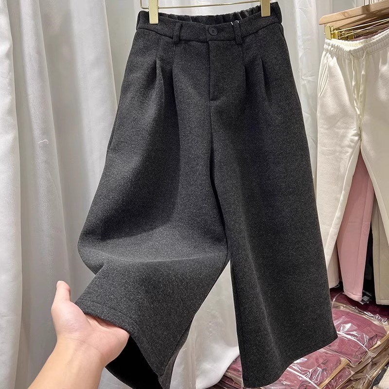大码灰色加厚裤子女秋冬新款宽松bf慵懒风休闲西装裤毛呢阔腿裤