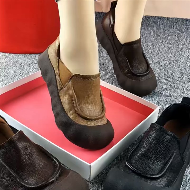 单鞋女真皮圆头深口平底小皮鞋复古休闲百搭一脚蹬轻便软底妈妈鞋