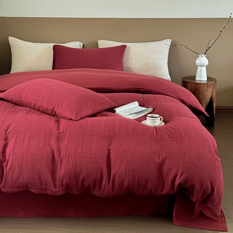 复古红色全棉纯棉色织双层纱布四件套新婚庆床单被套结婚床上用品