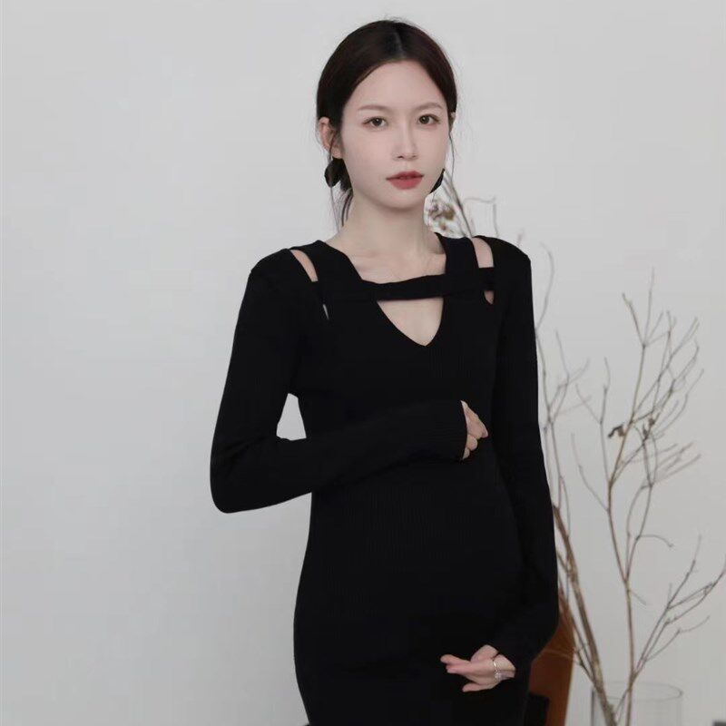 孕妇装秋冬季露肩修身显瘦连衣裙法式复古v领气质小个子内搭短裙