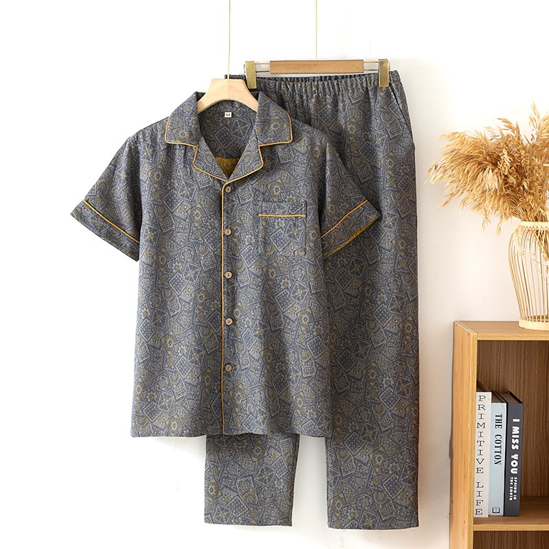 纯棉复古提花男睡衣夏季薄款高档全棉纱布短袖长裤宽松大码家居服