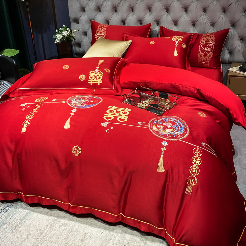 高档奢华刺绣全棉婚庆四件套大红色床单被套喜字纯棉结婚床上用品