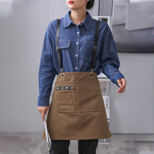 半身围裙女定制logo工作服男短款围腰帆布咖啡店烘焙奶茶店理发师