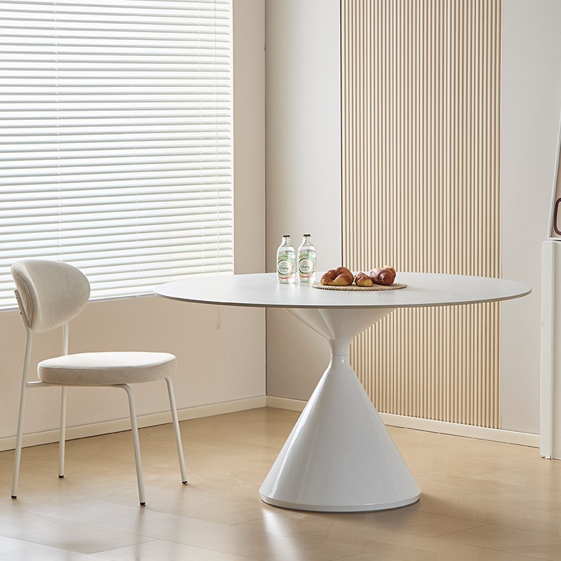 奶油风圆形纯白岩板餐桌椅组合小户型家用吃饭桌子现代简约圆桌椅