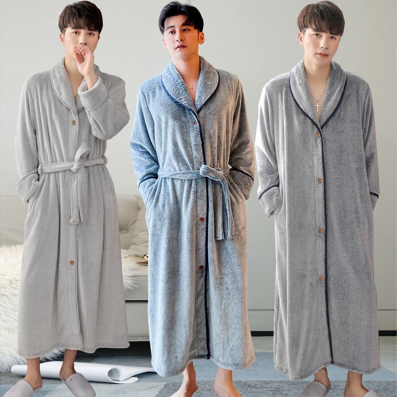 纽扣懒人连体睡衣男法兰绒加厚睡裙保暖宽松长款浴袍外穿长裙女冬