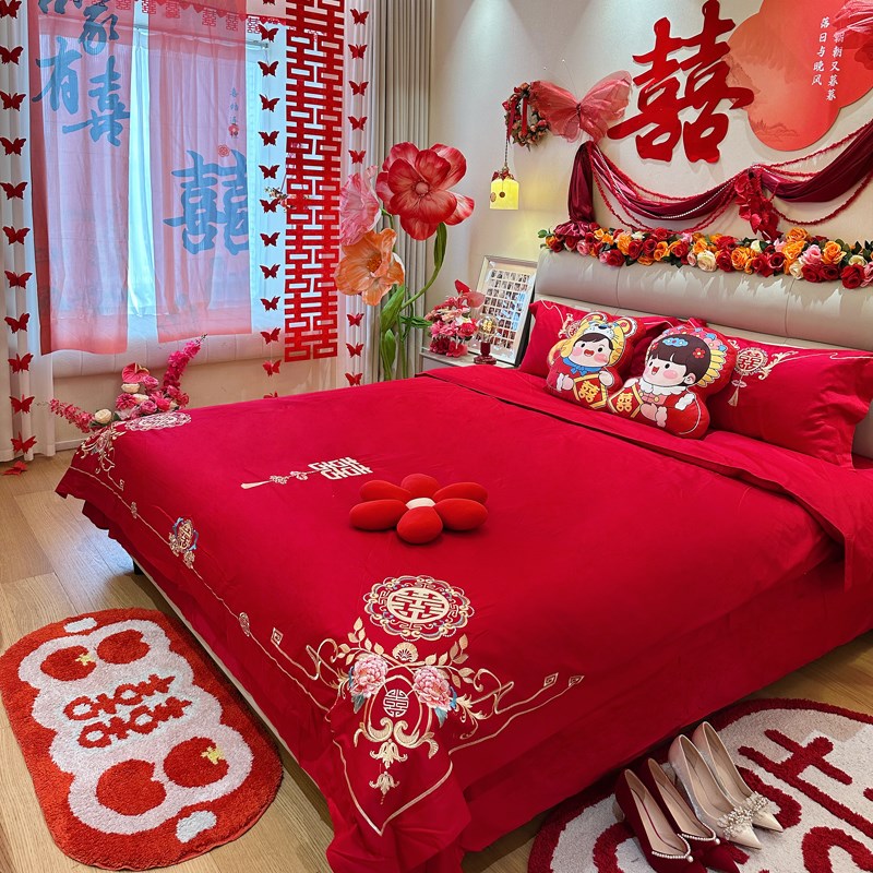 新中式160支长绒棉结婚四件套红色刺绣被套全棉纯棉床单婚庆床品4