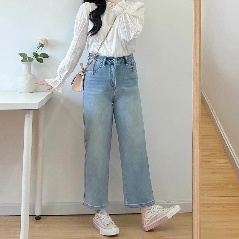 300斤大码韩系浅蓝色直筒牛仔裤女小个子修身显瘦弹力九分烟管裤