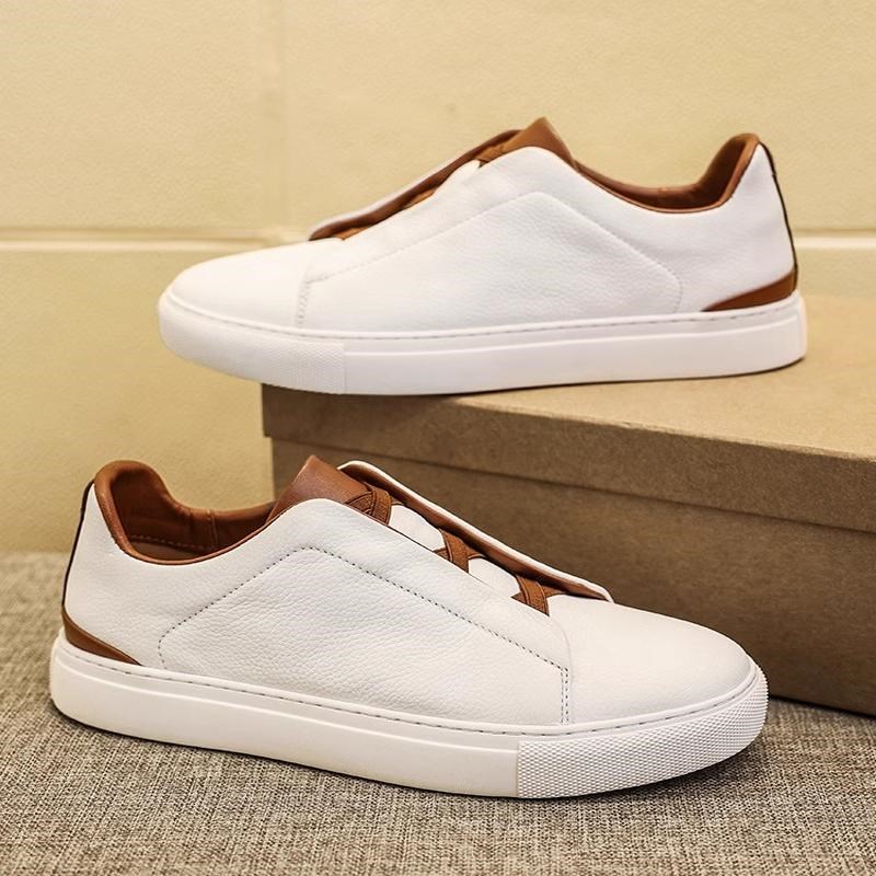 春季男鞋一脚蹬小白鞋男款商务休闲鞋头层牛皮板鞋免系带白色皮鞋