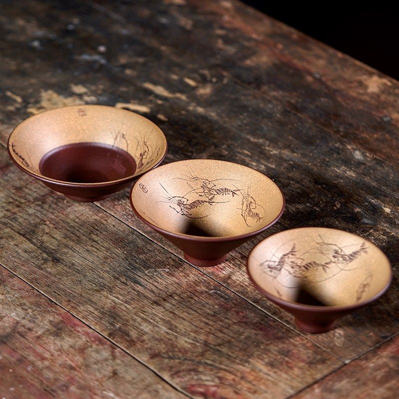 宜兴精品紫砂杯个人茶杯虾趣刻绘功夫茶杯双色斗笠杯单品茗口杯,餐饮具,茶杯,淘宝优惠券,粉丝福利购,淘宝优惠卷