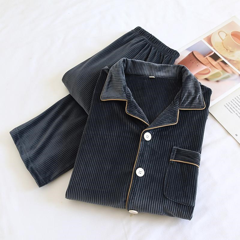 2024年秋睡衣男士海岛绒剪花双面保暖纯色简约弹力休闲家居服套装