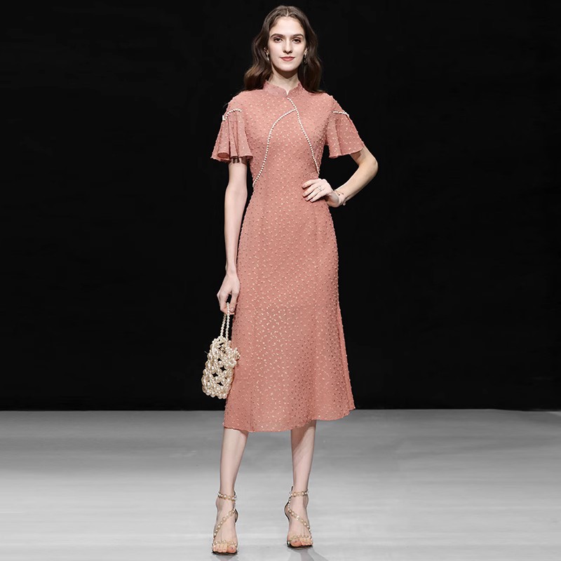 夏季女装2025新款气质橘色修身收腰显瘦雪纺旗袍连衣裙长裙裙子女