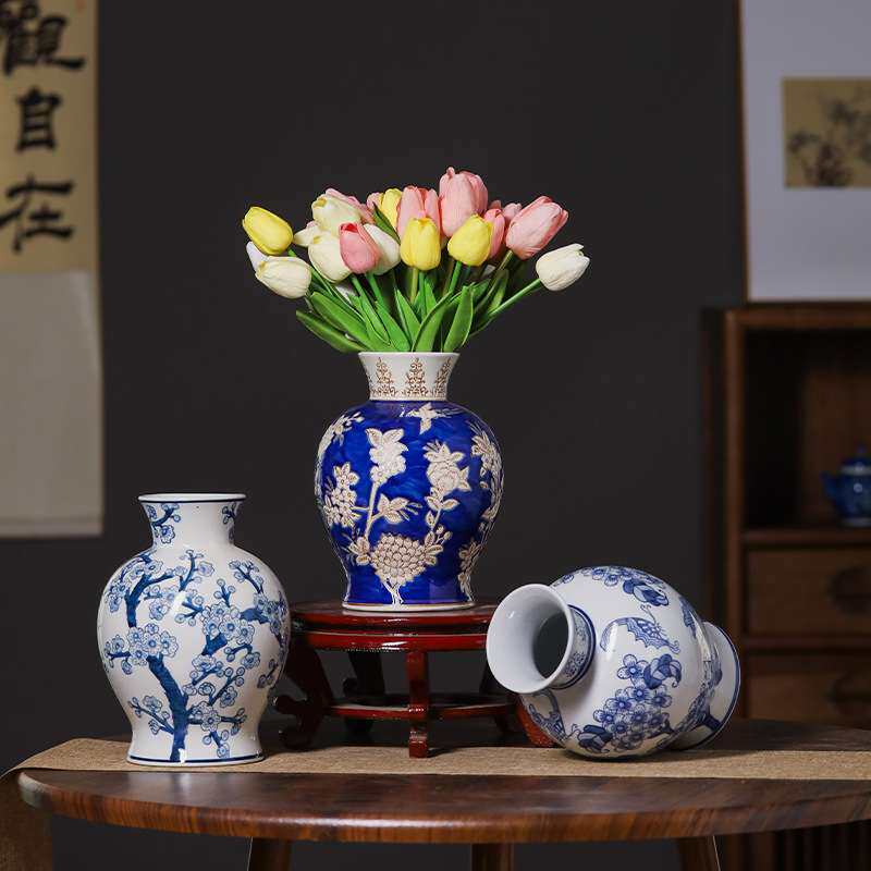 青花瓷花瓶新中式红色黄色彩色陶瓷花瓶水培插花瓷瓶家居装饰摆件