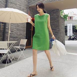 2022新款 棉麻连衣裙女夏季 显瘦小个子a字背心短裙子 简约无袖 韩版