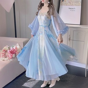 两件套套装 公主家911 开衫 蓝色晕染印花长裙连衣裙 月光女神