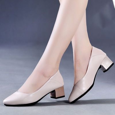 牛皮粗跟单鞋舒舒适浅口工作鞋尖头软底真皮时尚散步简约女鞋.