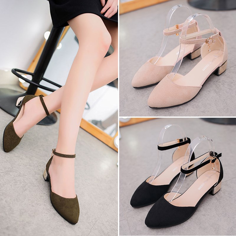 矮跟低跟3cm高跟鞋粗跟尖头浅口绒面凉鞋女夏一字扣学生春季单鞋