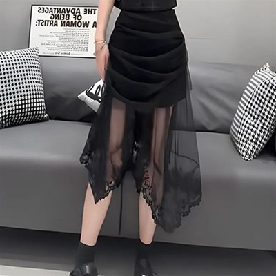 高腰显瘦蕾丝A字裙黑色百搭不规则设计网纱半身裙女2025夏季新款